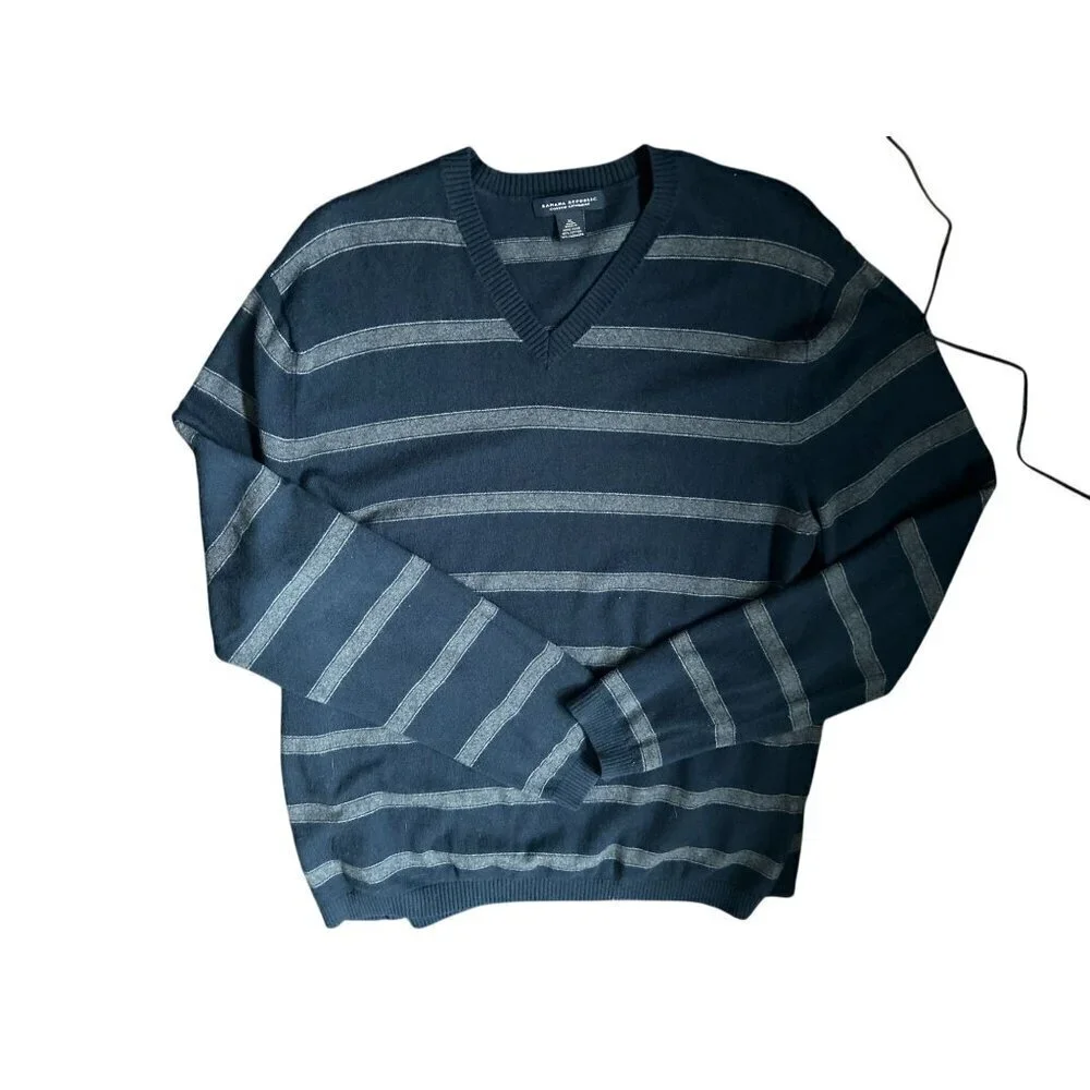 Banana Republic Cotton Cashmere V-Neck Sweater Blue Stripes Size XLarge